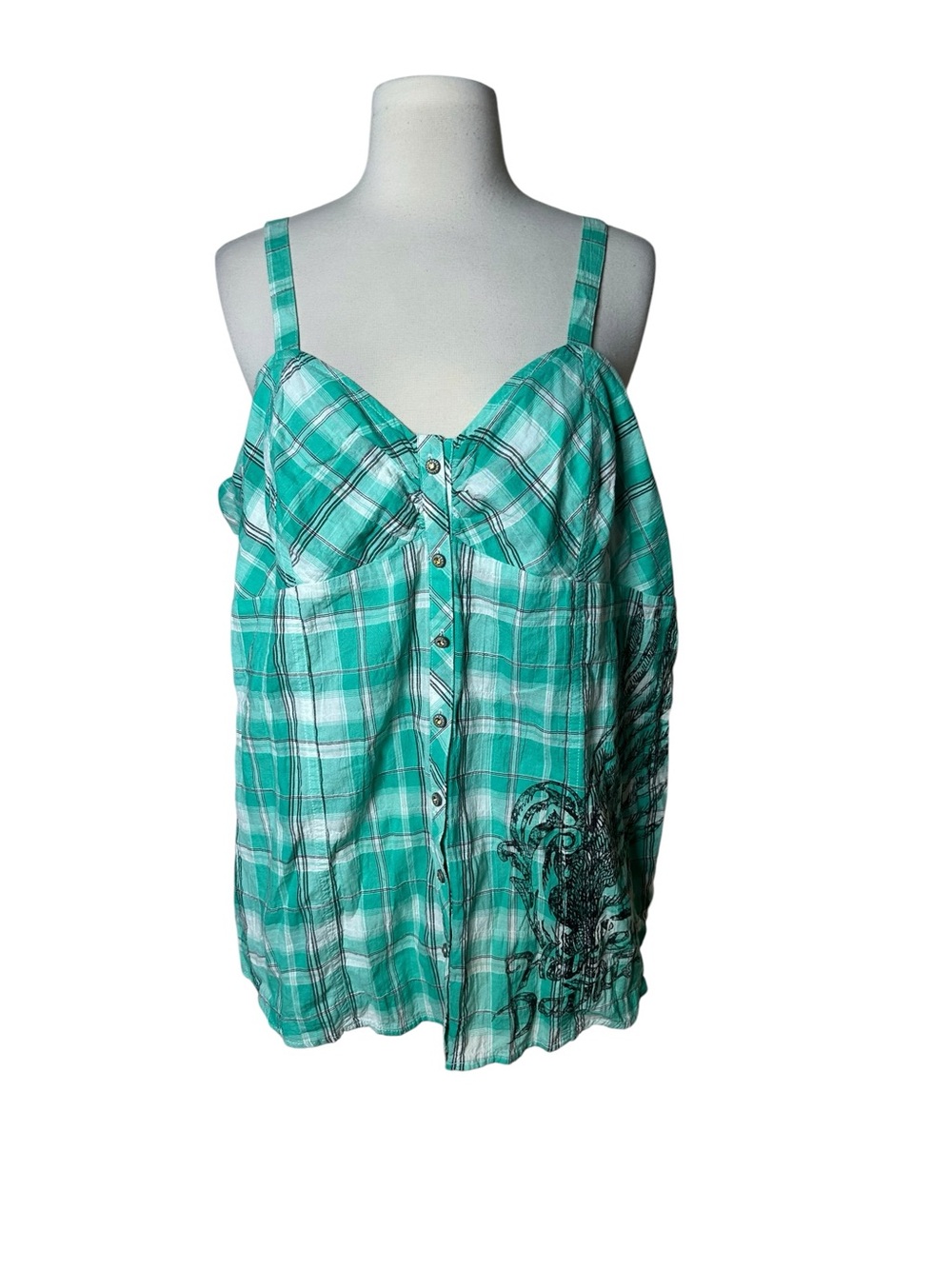 Harley Davidson Plaid Cami Tank Top Rhinestone Button Sweetheart Wing Green 2XL